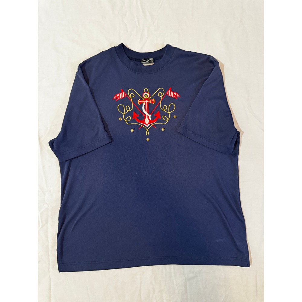 Vintage Nautical Anchor Embroidered Tee Coastal Grandma Twee Maritime Sailor Top